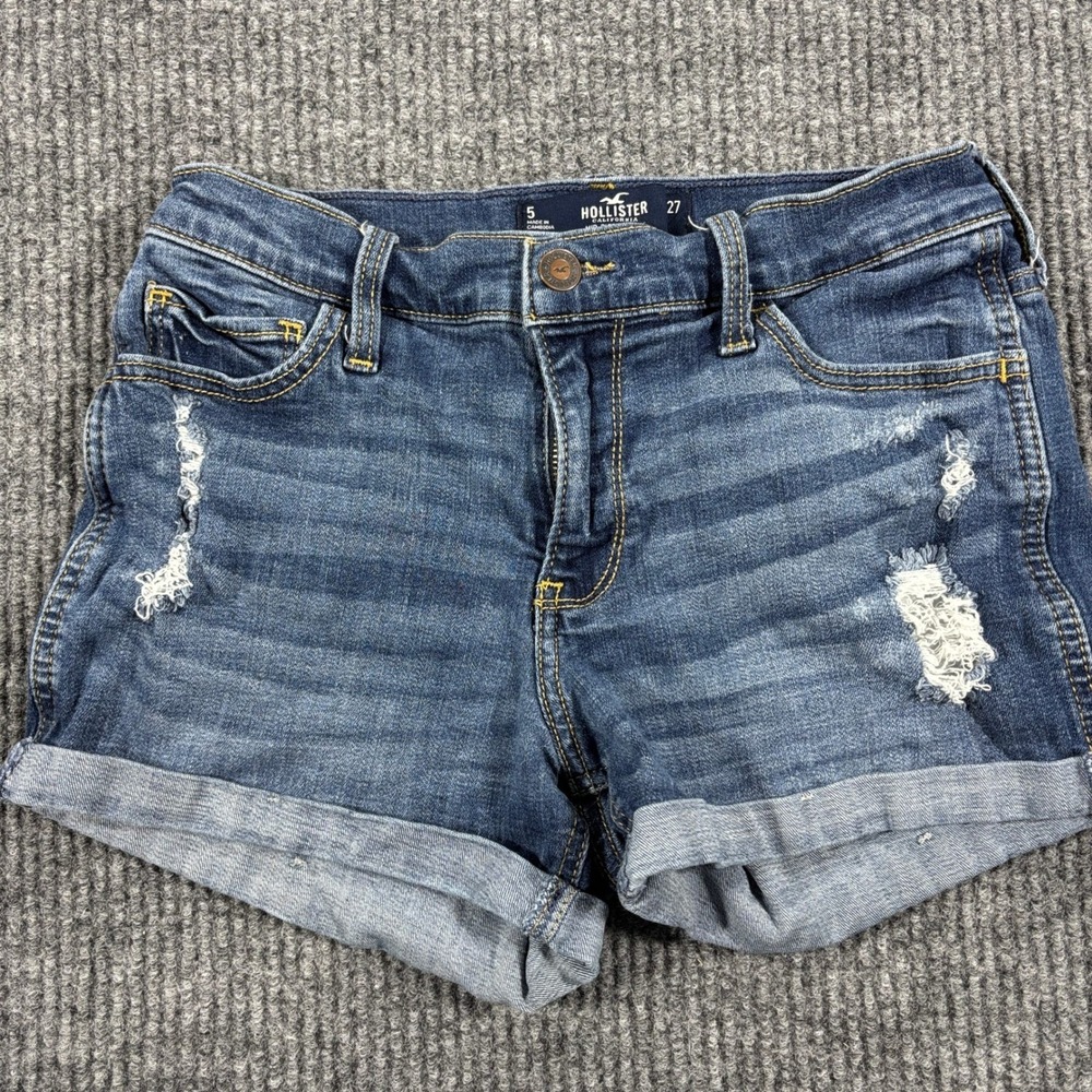 Hollister Mid-Rise Short 3" Women Size 5 W27 Blue Denim Distressed Cuffed